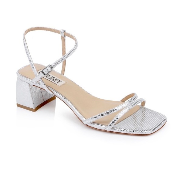 BADGLEY MISCHKA Carlota Textured Block-Heeled Sandals Silver 9.5 NEW Formal Heel